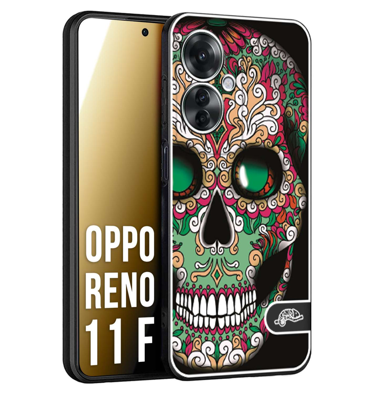 CUSTOMIZZA - Custodia cover nera morbida in tpu compatibile per Oppo Reno 11 F 5G teschio messicano Mexican skull verde fucsia