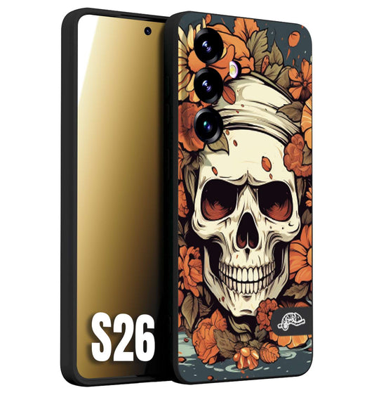 CUSTOMIZZA - Custodia cover nera morbida in tpu compatibile per Samsung S26 teschio skull flowers fiori tattoo disegnato alta definizione
