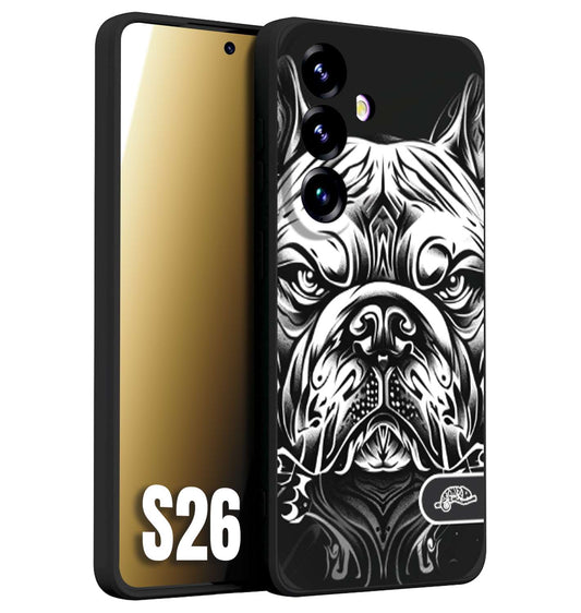 CUSTOMIZZA - Custodia cover nera morbida in tpu compatibile per Samsung S26 bulldog bianco a rilievo disegnato tattoo tatuaggio