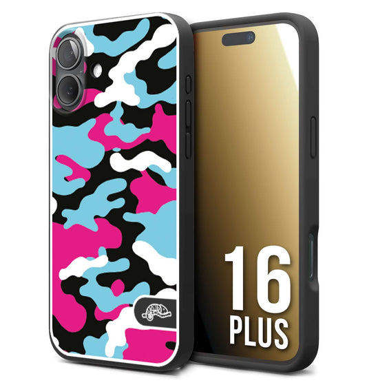 CUSTOMIZZA - Custodia cover nera morbida in tpu compatibile per iPhone 16 PLUS camouflage mimetico militare fucsia celeste