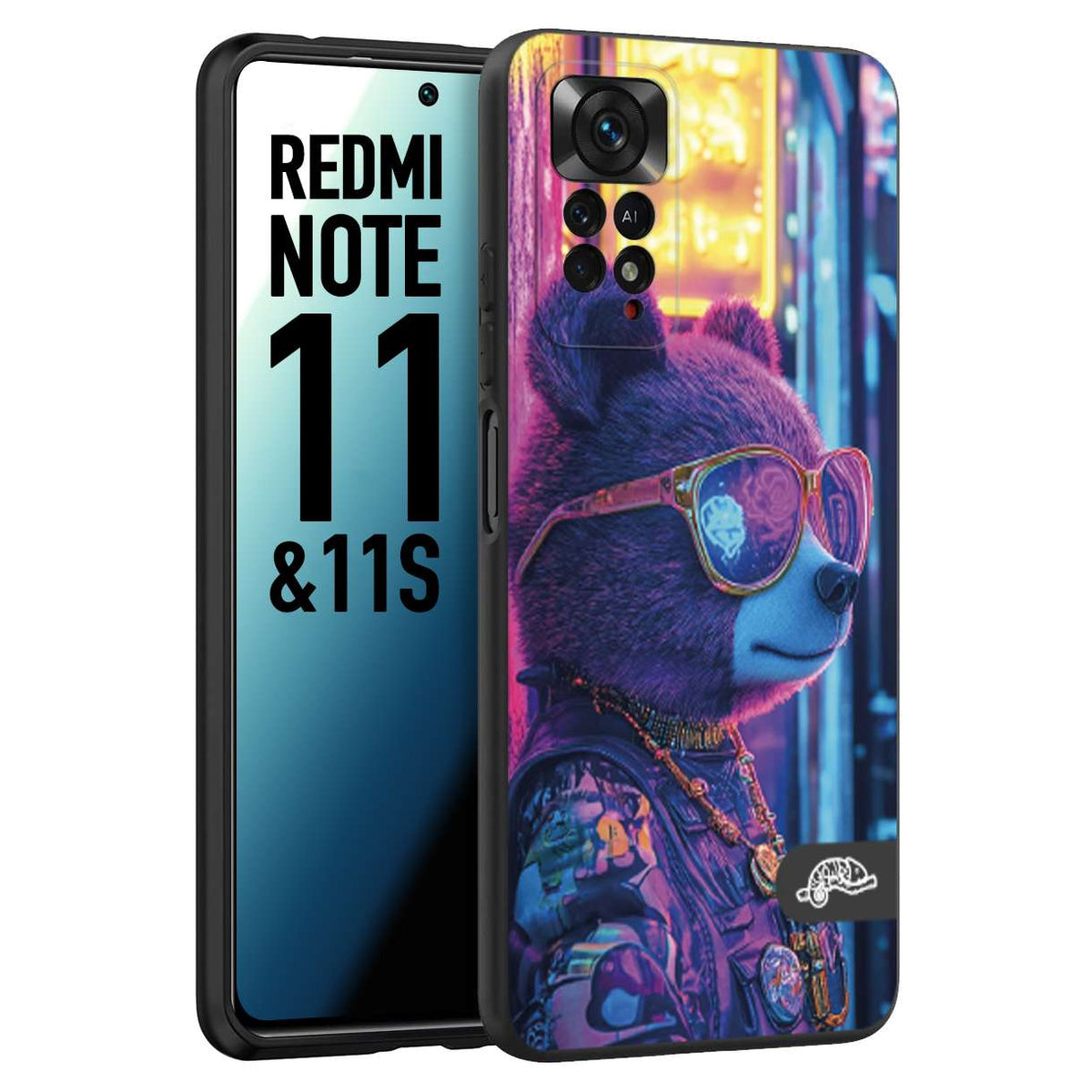 CUSTOMIZZA - Custodia cover nera morbida in tpu compatibile per Xiaomi Redmi Note 11 -  Note 11S animali cyberpunk orsetto orso street bear fucsia blu night