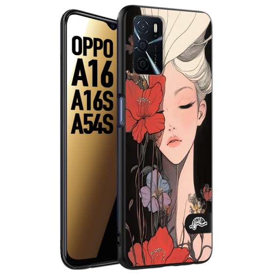 CUSTOMIZZA - Custodia cover nera morbida in tpu compatibile per Oppo A16 - A16S - A54S woman flower Fantasia Floreale Design Donna e Fiori, Retro Artistico