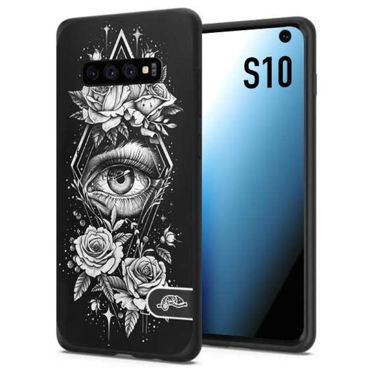 CUSTOMIZZA - Custodia cover nera morbida in tpu compatibile per Samsung S10 occhio fiori rombo geometrico black and white bianco a rilievo disegnato tattoo tatuaggio