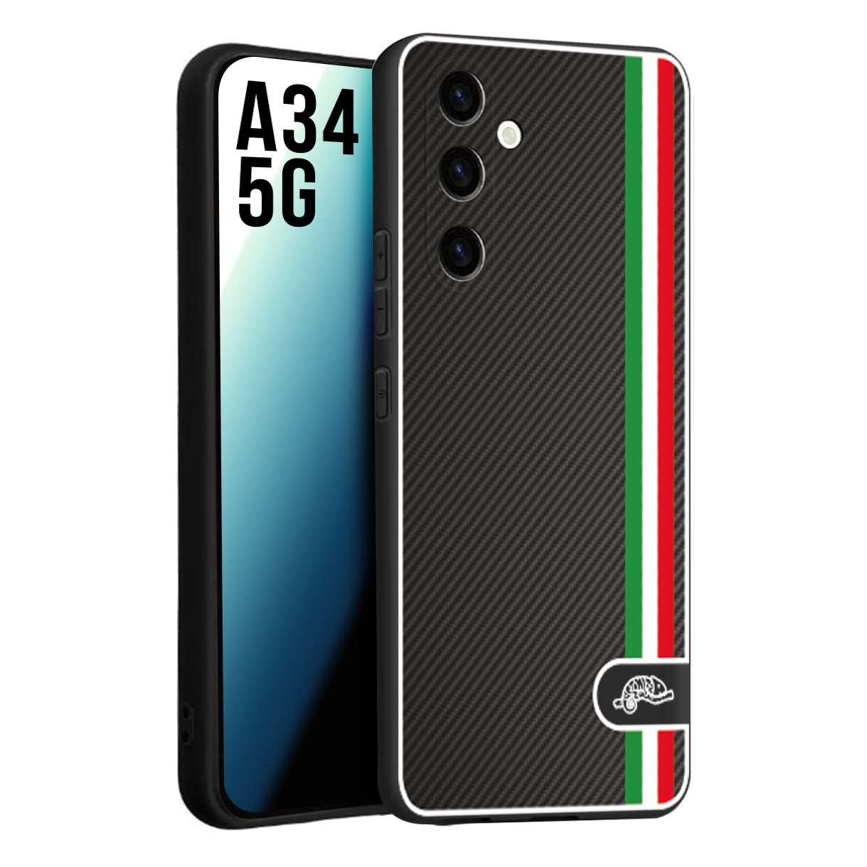 CUSTOMIZZA - Custodia cover nera morbida in tpu compatibile per Samsung A34 5G effetto fibra di carbonio bandiera Italia made in Italy