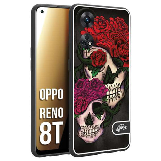 CUSTOMIZZA - Custodia cover nera morbida in tpu compatibile per Oppo Reno 8T teschi e rose rosse fucsia skull and roses