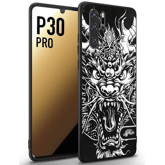 CUSTOMIZZA - Custodia cover nera morbida in tpu compatibile per Huawei P30 PRO drago black and white bianco a rilievo disegnato tattoo tatuaggio