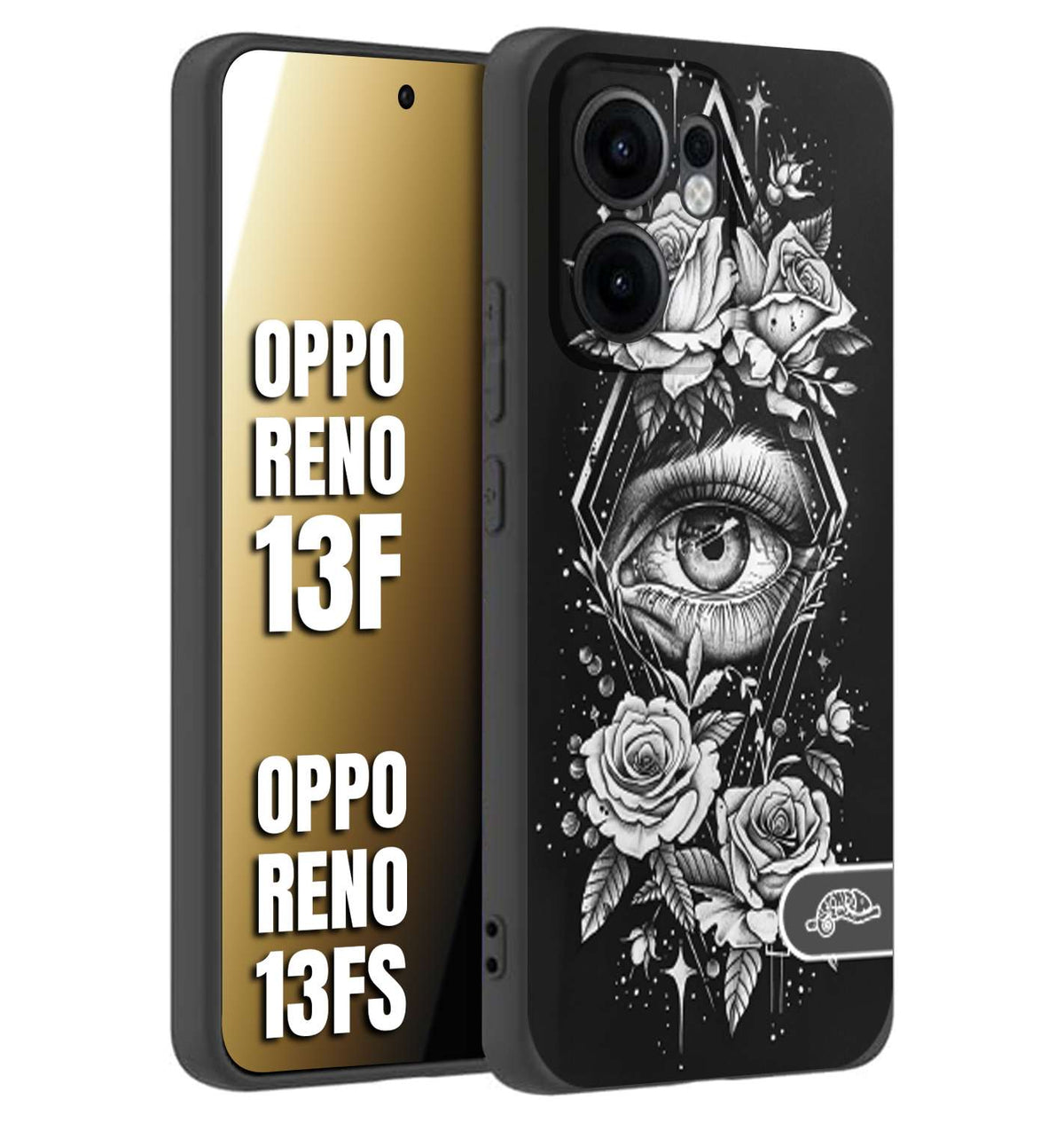 CUSTOMIZZA - Custodia cover nera morbida in tpu compatibile per Oppo Reno 13 F occhio fiori rombo geometrico black and white bianco a rilievo disegnato tattoo tatuaggio