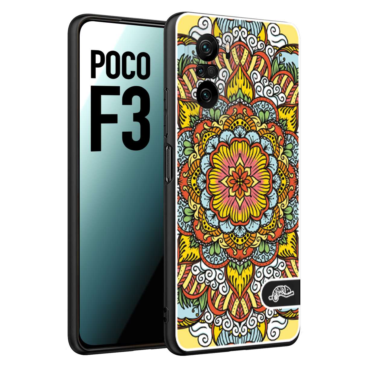 CUSTOMIZZA - Custodia cover nera morbida in tpu compatibile per Xiaomi Poco F3 mandala colorato fiore nuvole arancione