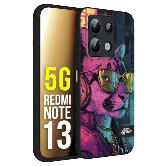 CUSTOMIZZA - Custodia cover nera morbida in tpu compatibile per Xiaomi Redmi Note 13 5G animali cyberpunk pantera street cat fucsia blu giallo