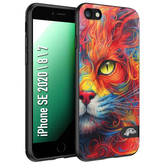 CUSTOMIZZA - Custodia cover nera morbida in tpu compatibile per iPhone 7 - 8 - SE 2020 / 2022 animali color cat gatto viso colori vibranti disegnato schizzo