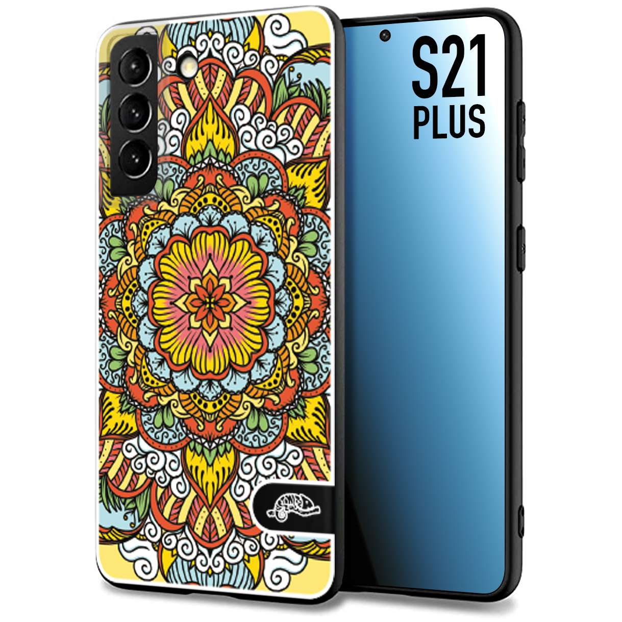 CUSTOMIZZA - Custodia cover nera morbida in tpu compatibile per Samsung S21 PLUS mandala colorato fiore nuvole arancione