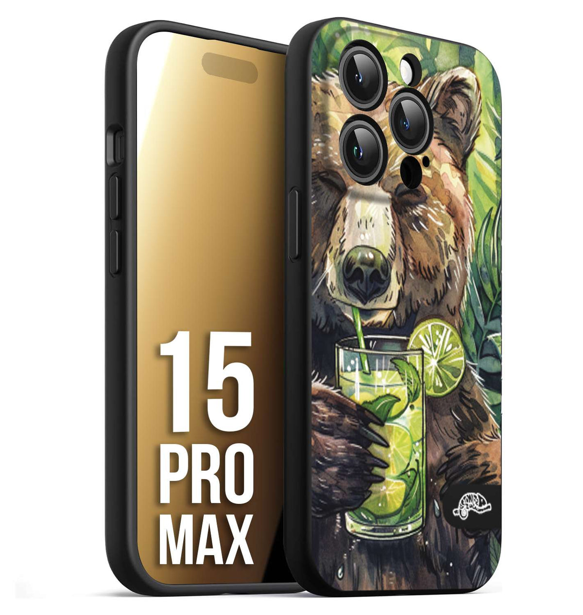 CUSTOMIZZA - Custodia cover nera morbida in tpu compatibile per iPhone 15 PRO MAX fiori estate disegnata cocktails animali simpatici orso bear negroni