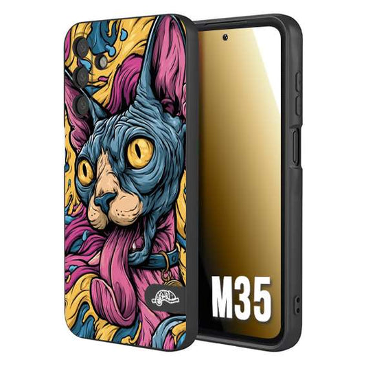 CUSTOMIZZA - Custodia cover nera morbida in tpu compatibile per Samsung M35 Sphynx Colorato Pop Art Psichedelico Gatto Blu Rosa Giallo Artistica Fantasy