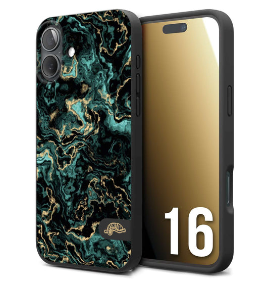 CUSTOMIZZA - Custodia cover nera morbida in tpu compatibile per iPhone 16 effetto marmo marble verde green venature dorato pietra