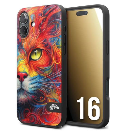 CUSTOMIZZA - Custodia cover nera morbida in tpu compatibile per iPhone 16 animali color cat gatto viso colori vibranti disegnato schizzo