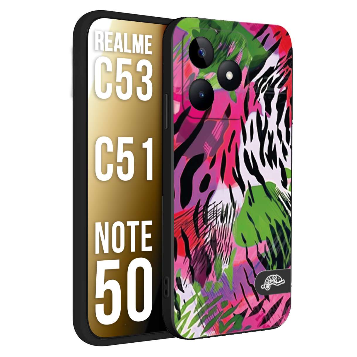 CUSTOMIZZA - Custodia cover nera morbida in tpu compatibile per Oppo Realme C53 - C51 - NOTE 50 leopardato tigrato tiger colorata summer color verde fucsia