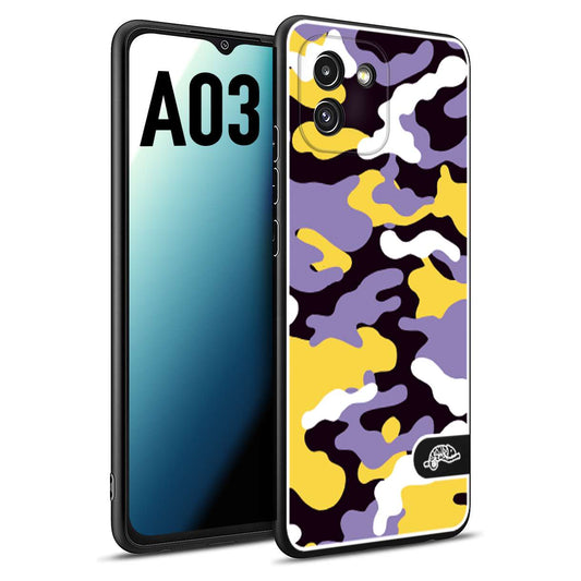 CUSTOMIZZA - Custodia cover nera morbida in tpu compatibile per Samsung A03 camouflage mimetico militare viola lilla giallo