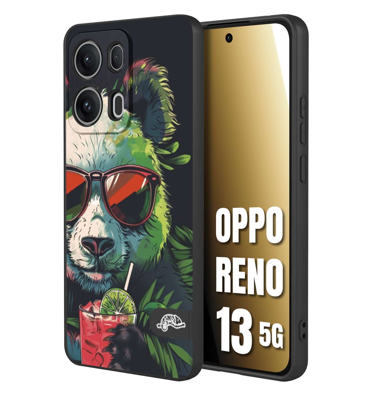 CUSTOMIZZA - Custodia cover nera morbida in tpu compatibile per Oppo Reno 13 5G estate disegnata cocktails animali simpatici panda mojito