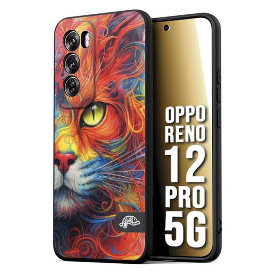 CUSTOMIZZA - Custodia cover nera morbida in tpu compatibile per Oppo Reno 12 PRO 5G animali color cat gatto viso colori vibranti disegnato schizzo