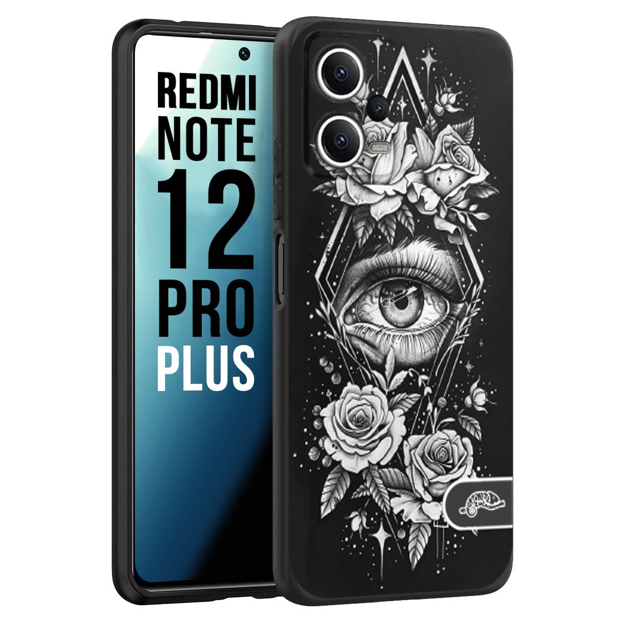 CUSTOMIZZA - Custodia cover nera morbida in tpu compatibile per Xiaomi Redmi Note 12 PRO PLUS occhio fiori rombo geometrico black and white bianco a rilievo disegnato tattoo tatuaggio