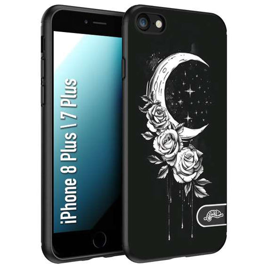 CUSTOMIZZA - Custodia cover nera morbida in tpu compatibile per iPhone 7 Plus - 8 plusluna e fiori moon flowers black and white bianco a rilievo disegnato tattoo tatuaggio