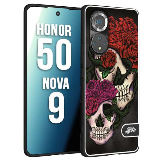CUSTOMIZZA - Custodia cover nera morbida in tpu compatibile per Huawei Nova 9 - Honor 50 teschi e rose rosse fucsia skull and roses