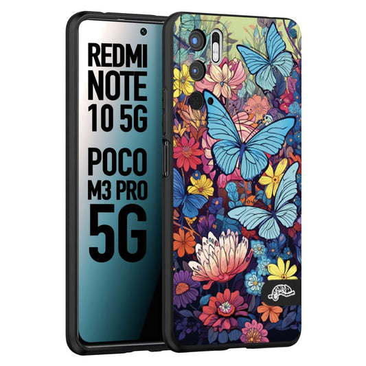 CUSTOMIZZA - Custodia cover nera morbida in tpu compatibile per Xiaomi Redmi Note 10 5G - Poco M3 Pro 5G farfalle butterfly moderno donna disegnate gialla blu rosa