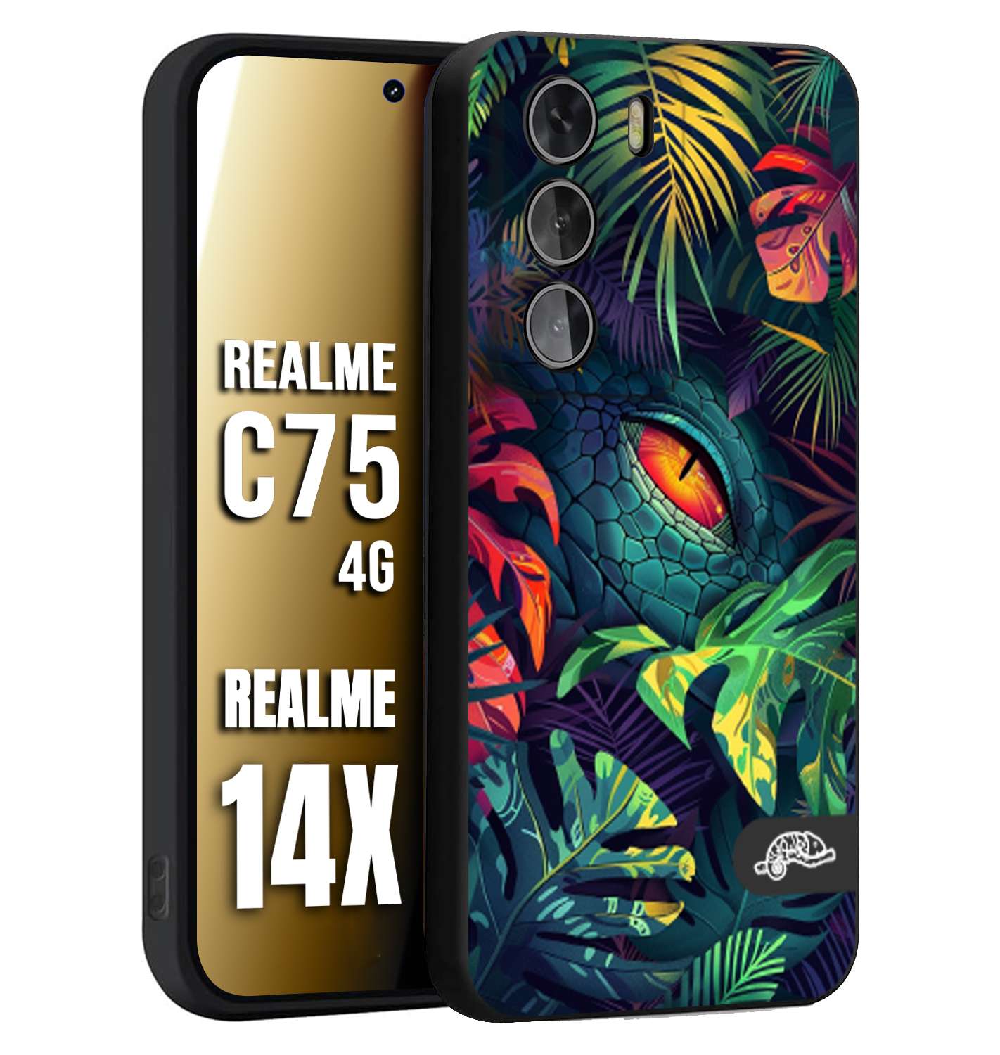 CUSTOMIZZA - Custodia cover nera morbida in tpu compatibile per Realme 14X - C75 4G animali color giungla tropicale occhio di coccodrillo alligatore disegnato