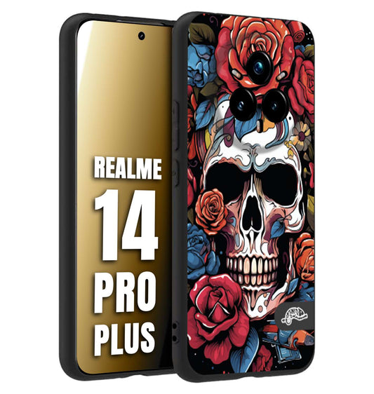 CUSTOMIZZA - Custodia cover nera morbida in tpu compatibile per Realme 14 PRO PLUS teschio skull flowers fiori rose rosse tattoo disegnato