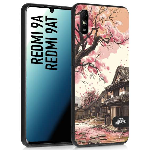 CUSTOMIZZA - Custodia cover nera morbida in tpu compatibile per Xiaomi Redmi 9A - 9AT casa giapponese rosa ciliegio in fiore disegnata tattoo