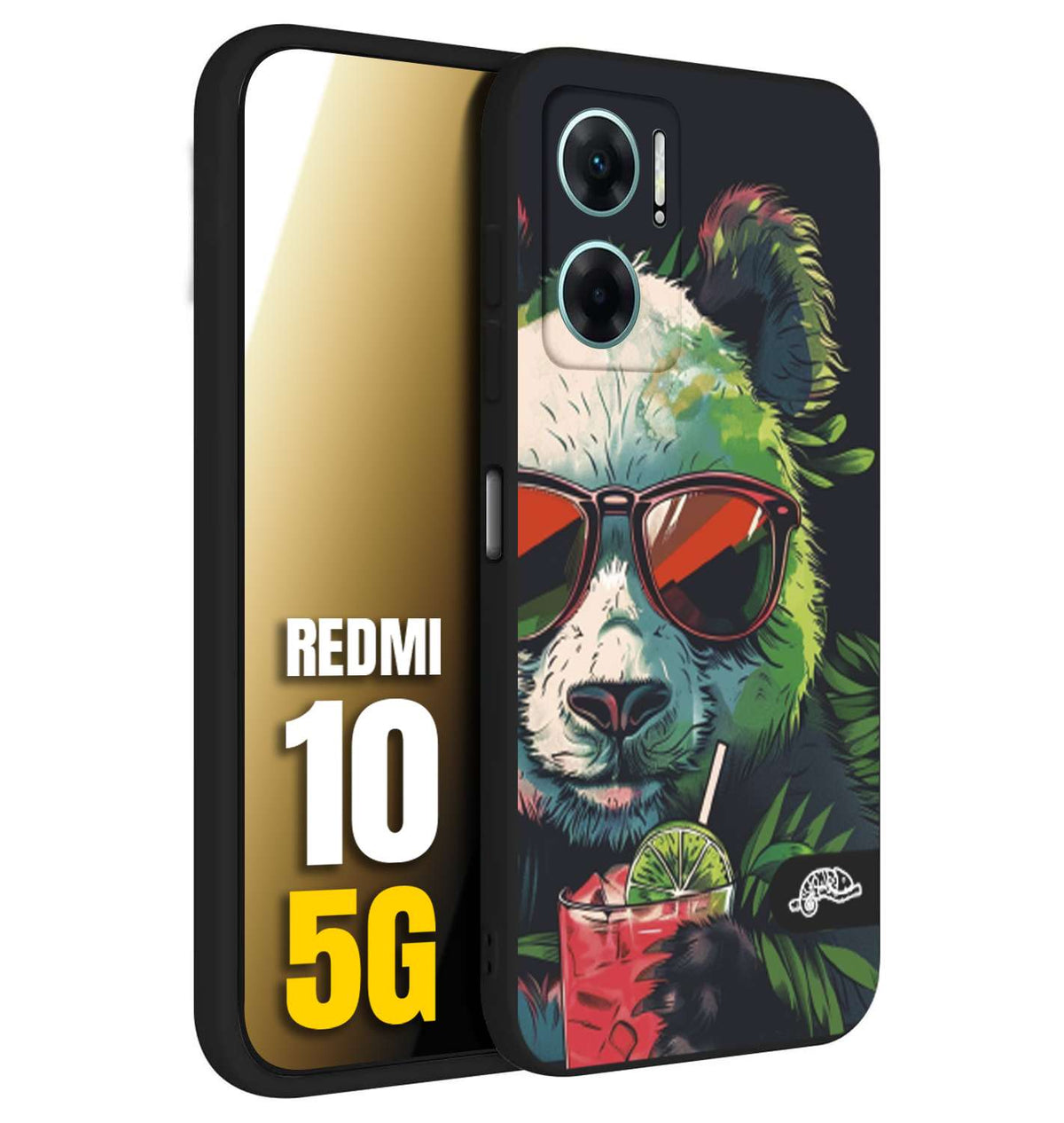 CUSTOMIZZA - Custodia cover nera morbida in tpu compatibile per Xiaomi Redmi 10 5G estate disegnata cocktails animali simpatici panda mojito