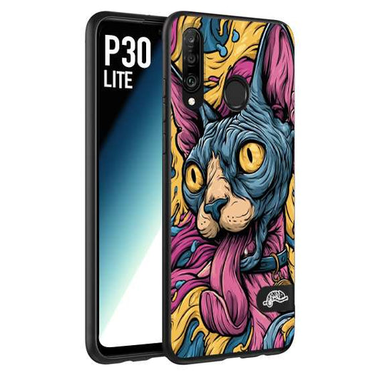 CUSTOMIZZA - Custodia cover nera morbida in tpu compatibile per Huawei P30 LITE Sphynx Colorato Pop Art Psichedelico Gatto Blu Rosa Giallo Artistica Fantasy