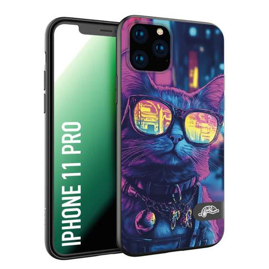CUSTOMIZZA - Custodia cover nera morbida in tpu compatibile per iPhone 11 PRO animali cyberpunk gatto street cat fucsia blu giallo