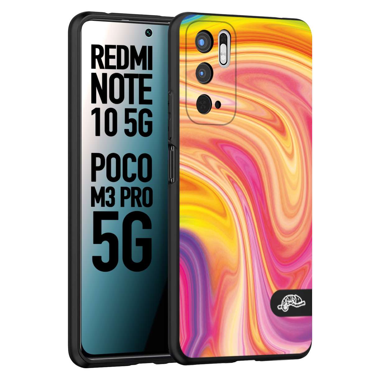 CUSTOMIZZA - Custodia cover nera morbida in tpu compatibile per Xiaomi Redmi Note 10 5G - Poco M3 Pro 5G colorata fantasia vortice marmo onde rosa fucsia gialla