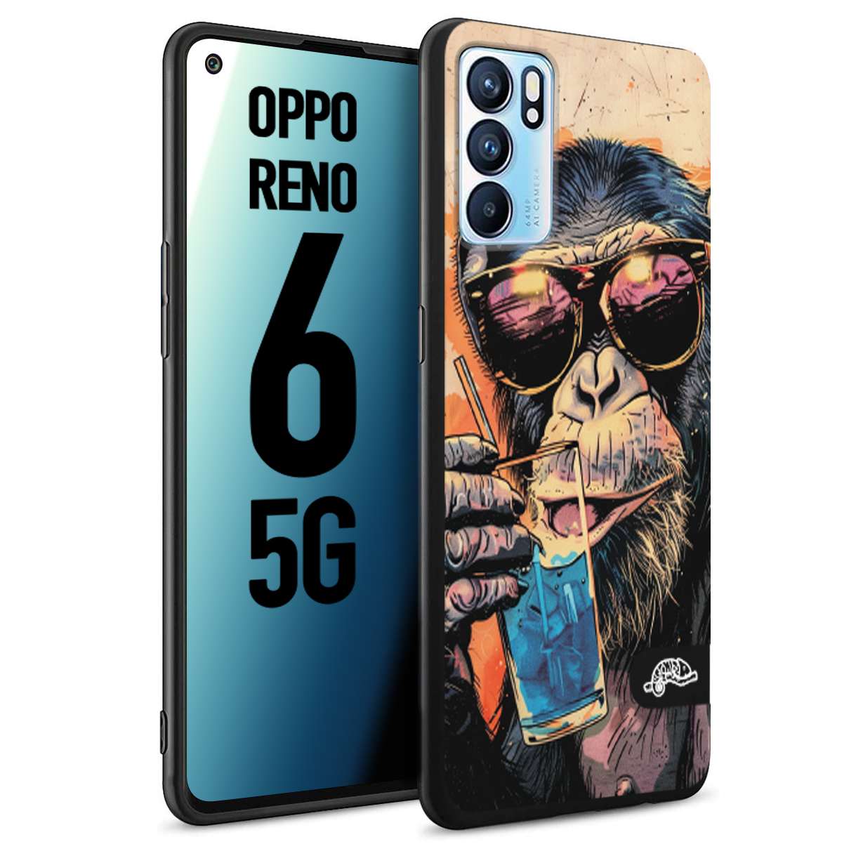 CUSTOMIZZA - Custodia cover nera morbida in tpu compatibile per Oppo Reno 6 5G estate disegnata cocktails animali simpatici scimmia monkey negroni