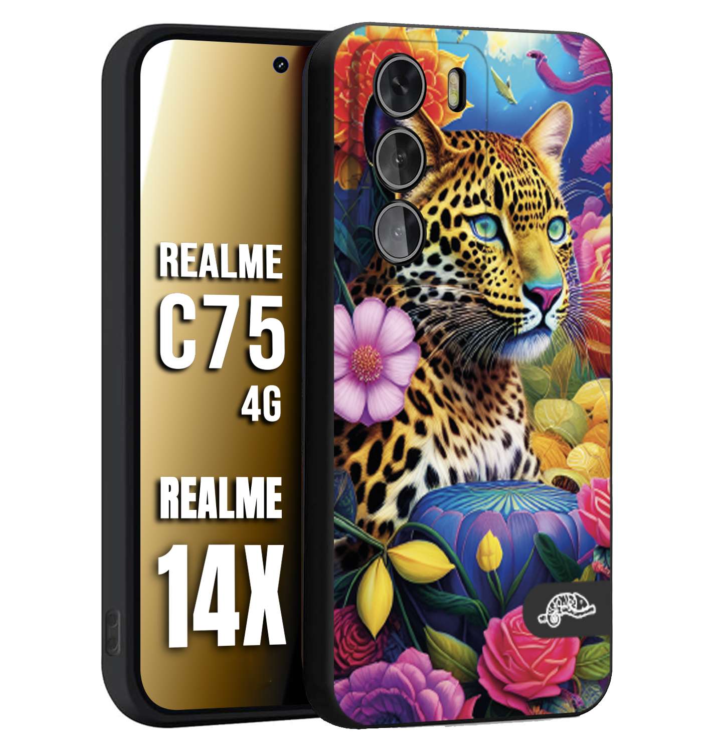 CUSTOMIZZA - Custodia cover nera morbida in tpu compatibile per Realme 14X - C75 4G astratti donna flower fantasia leopardo ghepardo animali colorati