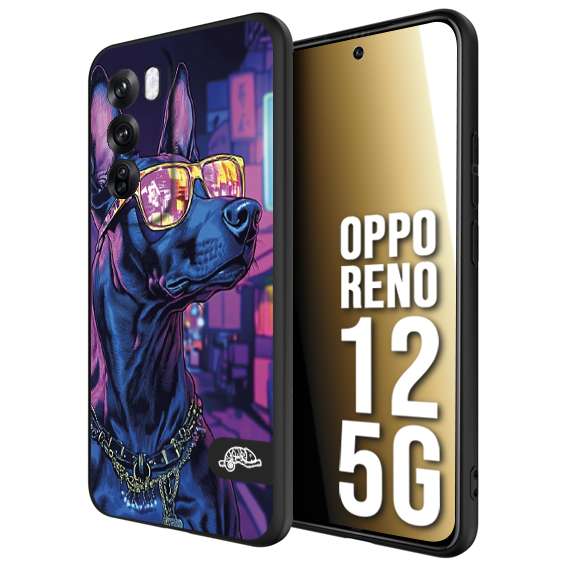 CUSTOMIZZA - Custodia cover nera morbida in tpu compatibile per Oppo Reno 12 5G animali cyberpunk dobermann cane street dog fucsia blu night