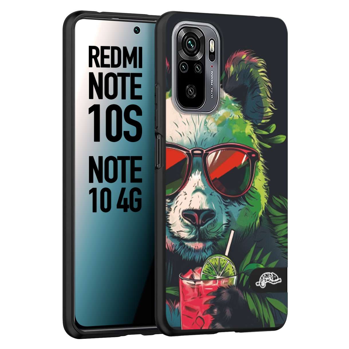 CUSTOMIZZA - Custodia cover nera morbida in tpu compatibile per Xiaomi Redmi Note 10S estate disegnata cocktails animali simpatici panda mojito