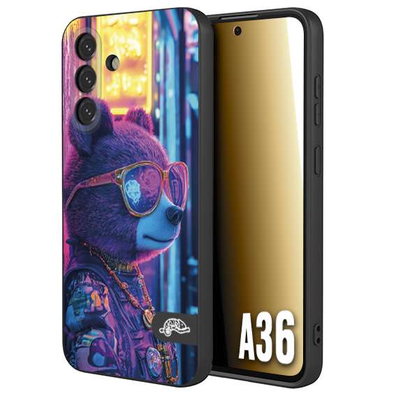 CUSTOMIZZA - Custodia cover nera morbida in tpu compatibile per Samsung A36 animali cyberpunk orsetto orso street bear fucsia blu night