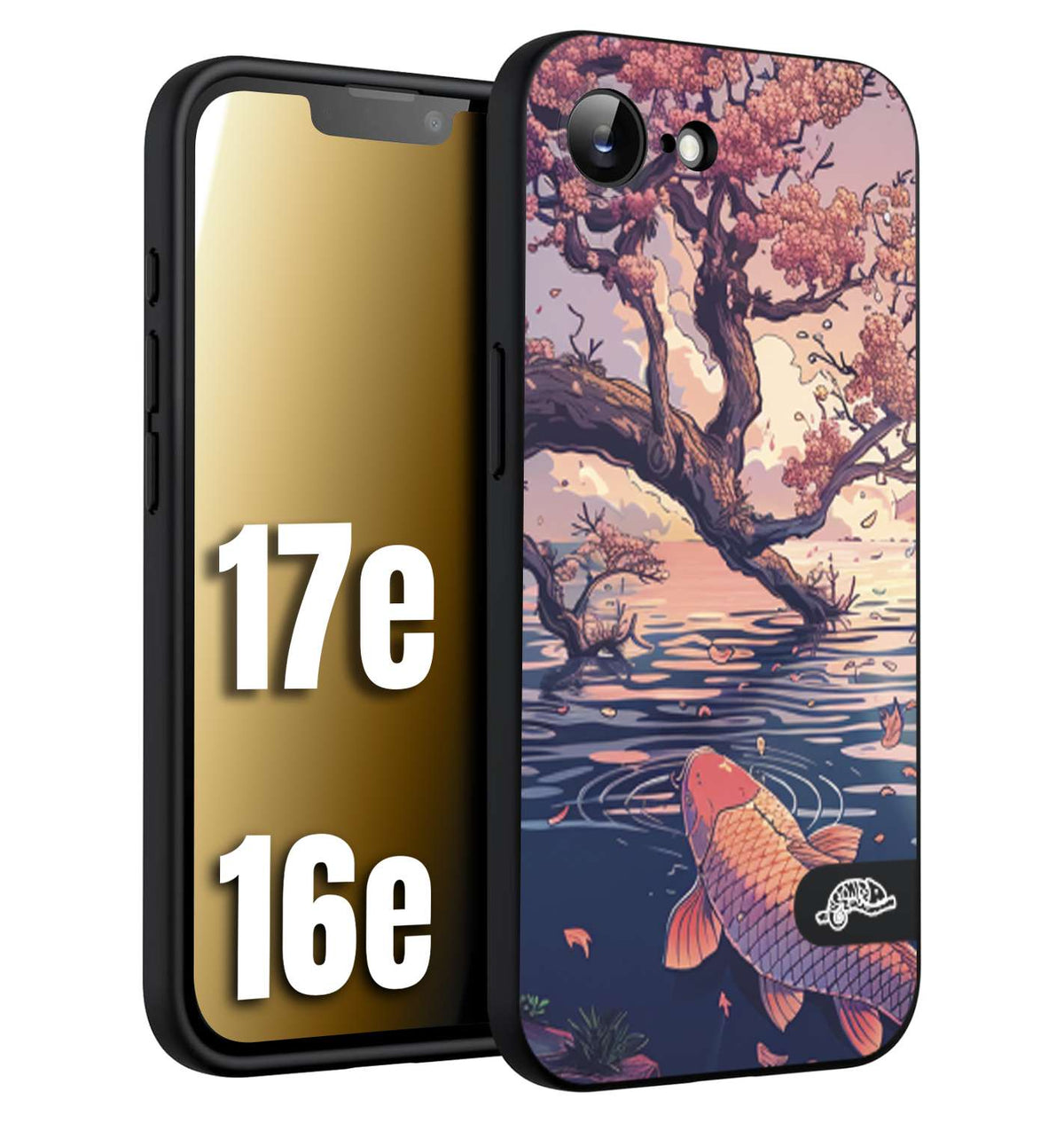 CUSTOMIZZA - Custodia cover nera morbida in tpu compatibile per iPhone 16E - 17E giapponese lago carpa koi rosa con foglie d'acero disegnata tattoo