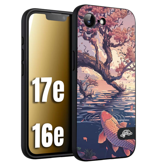 CUSTOMIZZA - Custodia cover nera morbida in tpu compatibile per iPhone 16E - 17E giapponese lago carpa koi rosa con foglie d'acero disegnata tattoo