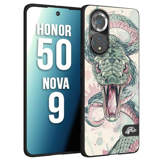 CUSTOMIZZA - Custodia cover nera morbida in tpu compatibile per Huawei Nova 9 - Honor 50 snake pink green serpente tatuaggio tattoo disegnato a mano