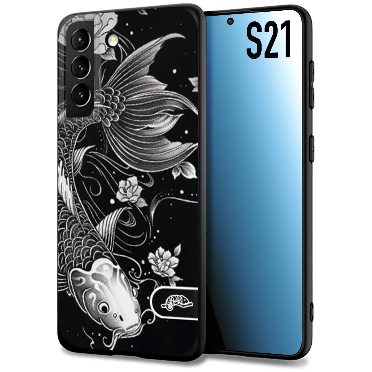 CUSTOMIZZA - Custodia cover nera morbida in tpu compatibile per Samsung S21 carpa koi black and white bianco a rilievo disegnato tattoo tatuaggio