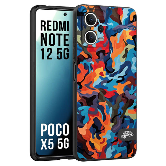 CUSTOMIZZA - Custodia cover nera morbida in tpu compatibile per Xiaomi Redmi Note 12 5G - POCO X5 5G camouflage mimetico militare moderno blu arancio rosso