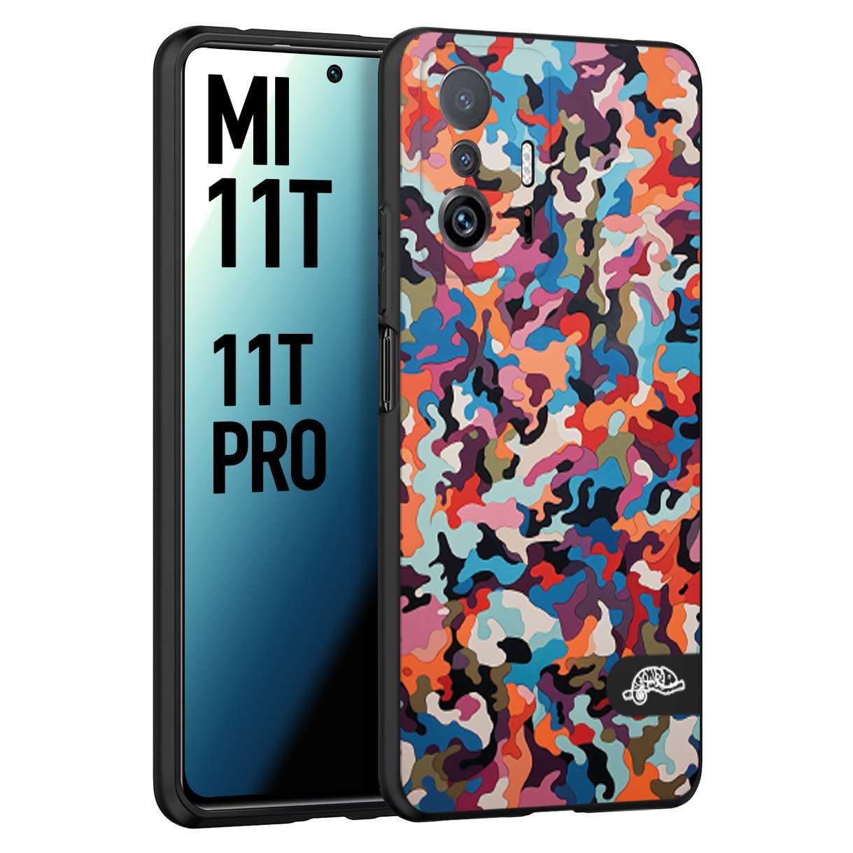 CUSTOMIZZA - Custodia cover nera morbida in tpu compatibile per Xiaomi Mi 11T - Mi 11T PRO camouflage mimetico militare moderno blu arancio rosa