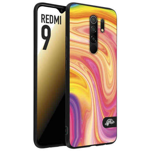 CUSTOMIZZA - Custodia cover nera morbida in tpu compatibile per Xiaomi Redmi 9 colorata fantasia vortice marmo onde rosa fucsia gialla
