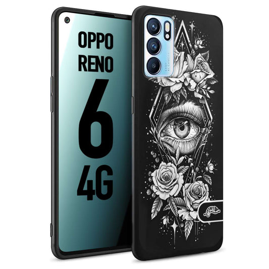 CUSTOMIZZA - Custodia cover nera morbida in tpu compatibile per Oppo Reno 6 4G occhio fiori rombo geometrico black and white bianco a rilievo disegnato tattoo tatuaggio