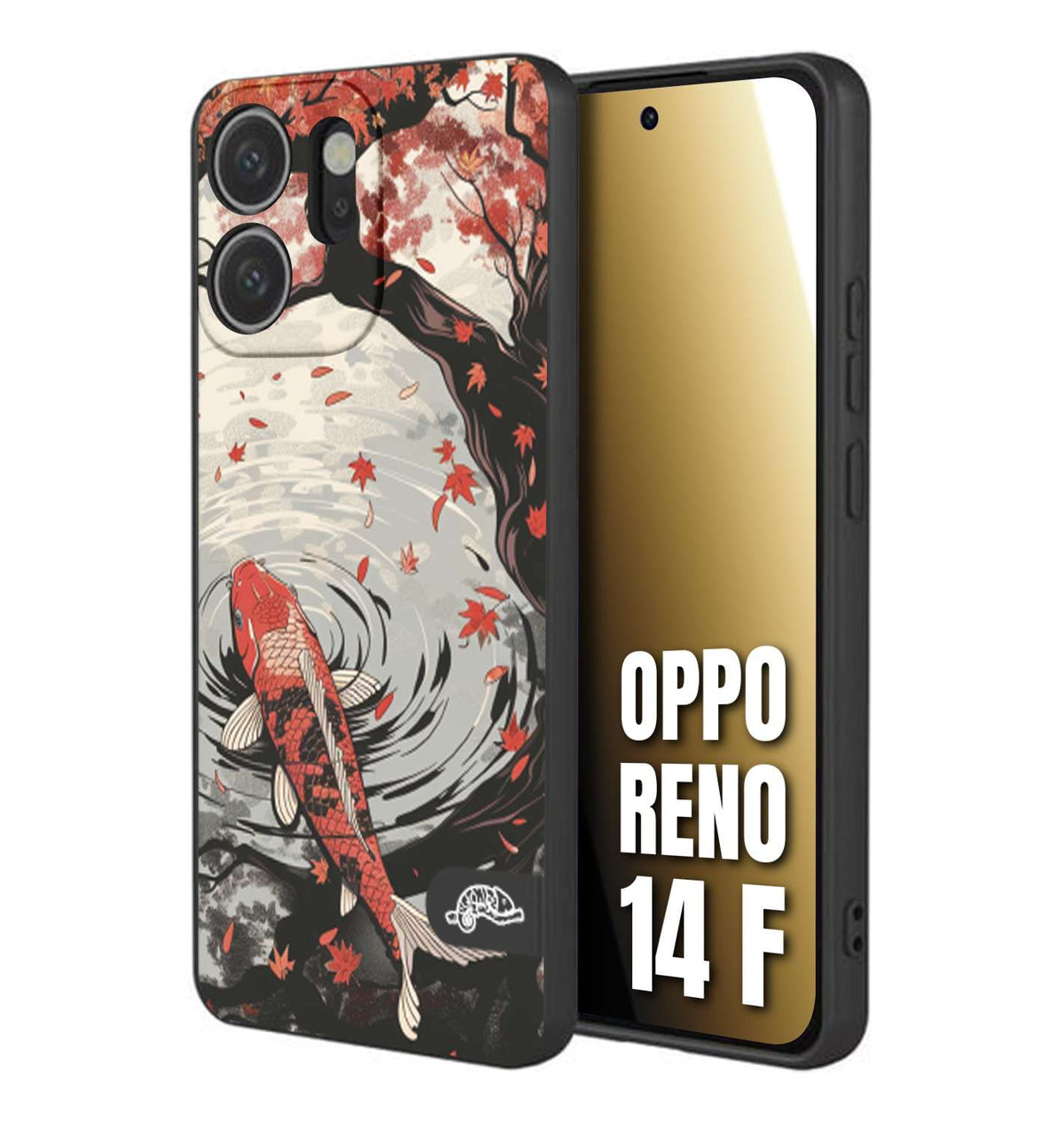 CUSTOMIZZA - Custodia cover nera morbida in tpu compatibile per Oppo Reno 14 F giapponese lago carpa koi rossa con foglie d'acero rosso disegnata tattoo