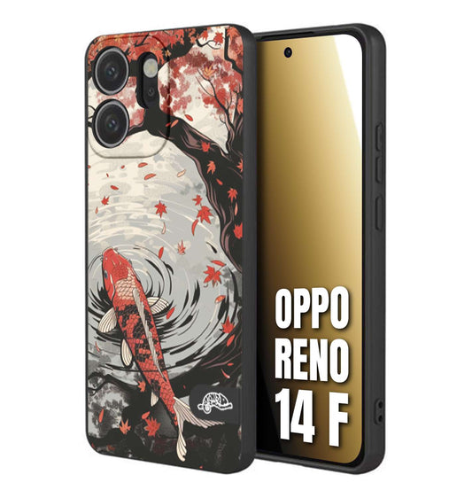 CUSTOMIZZA - Custodia cover nera morbida in tpu compatibile per Oppo Reno 14 F giapponese lago carpa koi rossa con foglie d'acero rosso disegnata tattoo