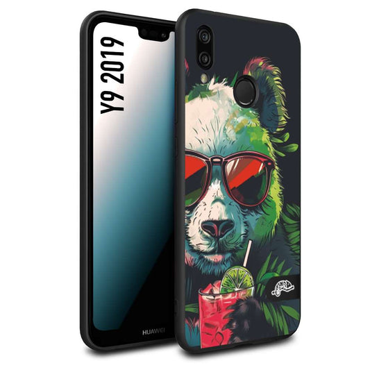 CUSTOMIZZA - Custodia cover nera morbida in tpu compatibile per Huawei Y9 2019 estate disegnata cocktails animali simpatici panda mojito